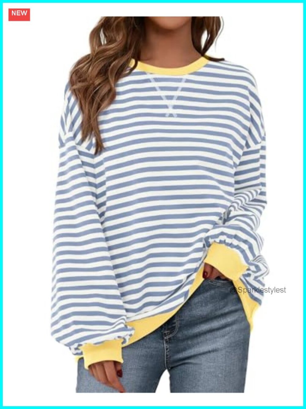 Oversized Striped Sweatshirt Lantern Sleeve Crewneck Loose Fit Womens